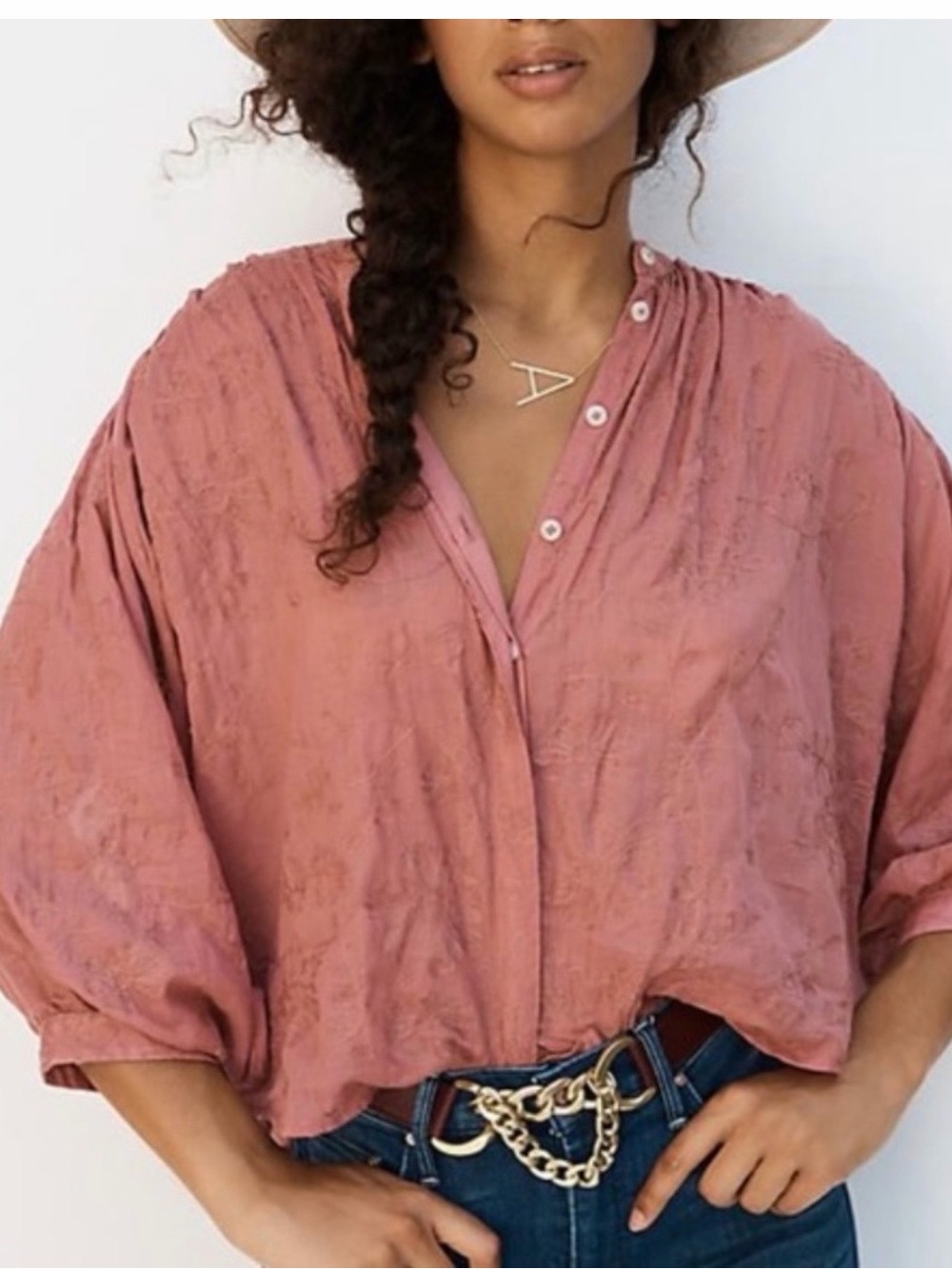 Anthropologie Pilcro Tavi Embroidered Rose Pink Blouse Size Medium Cotton